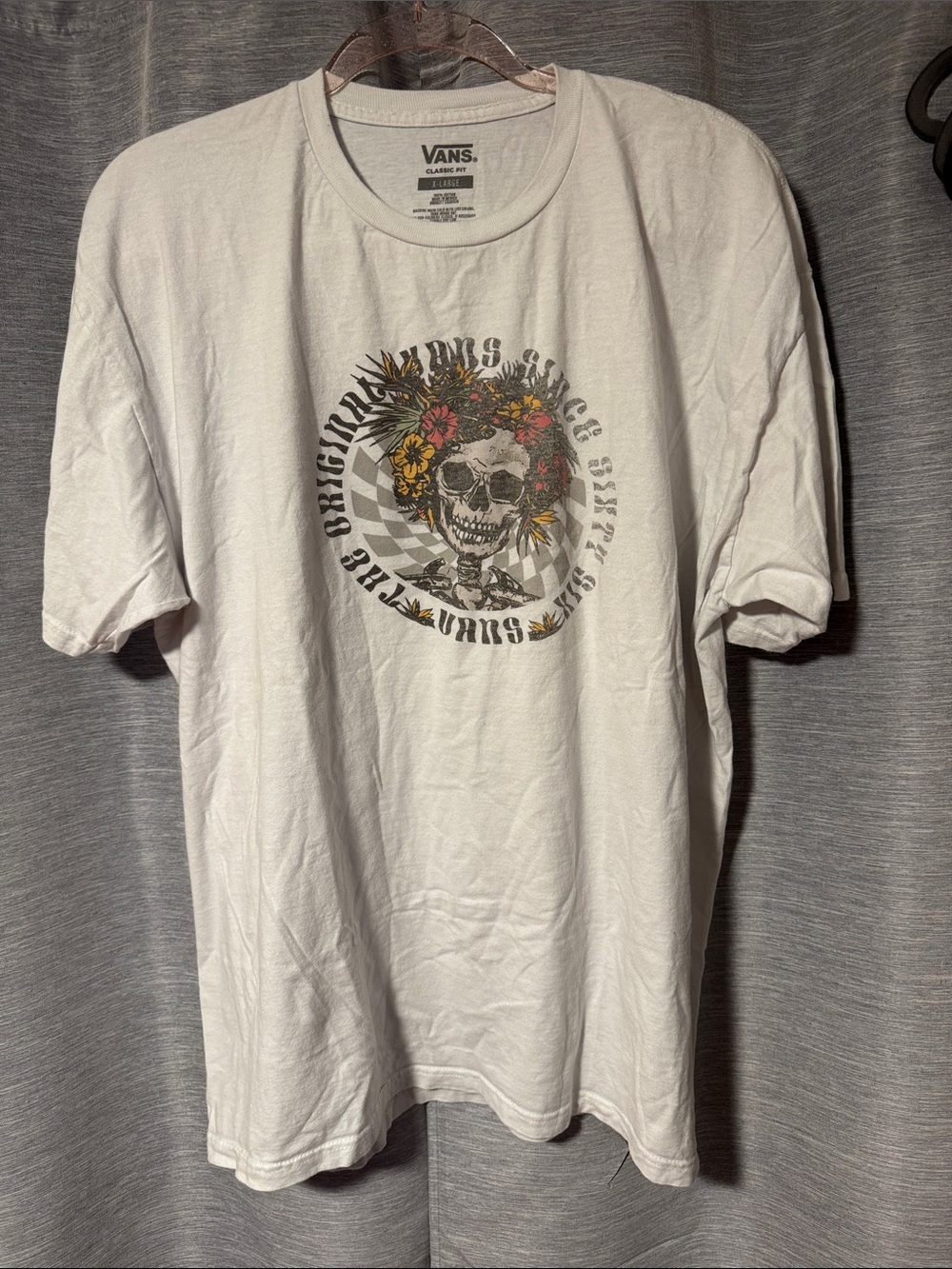 Vans White Short Sleeve Tee with Floral Skull Wreath